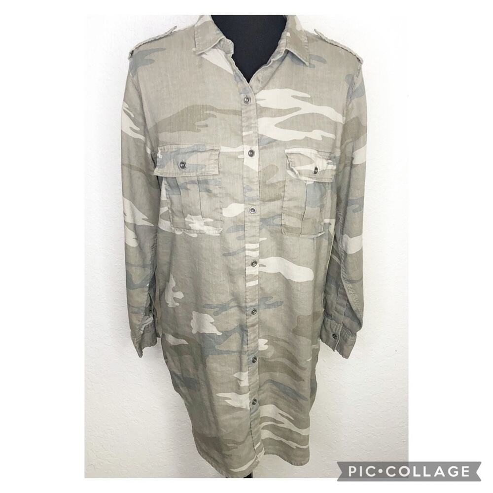 Rails army green gray camo linen blend button shirt dress size Small